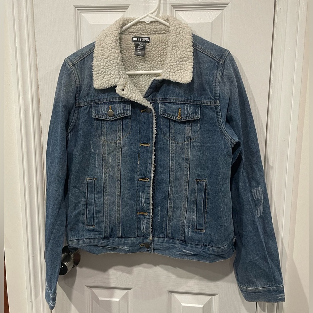 Hot Topic Blue Fleece Lined Distressed Jean Jacket